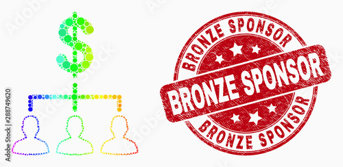 Dot bright spectral dollar clients structure mosaic icon and Bronze Sponsor watermark. Red vector round distress seal with Bronze Sponsor message. Vector collage in flat style.