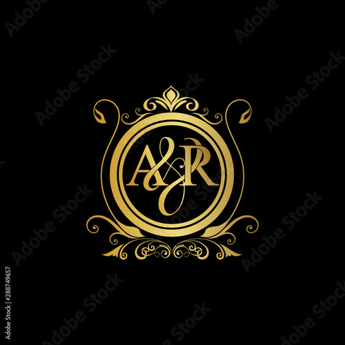 A & R AR logo initial Luxury ornament emblem. Initial luxury art vector mark logo, gold color on black background.
