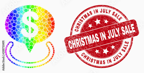 Pixelated rainbow gradiented dollar placement mosaic pictogram and Christmas in July Sale stamp. Red vector round scratched seal stamp with Christmas in July Sale title.