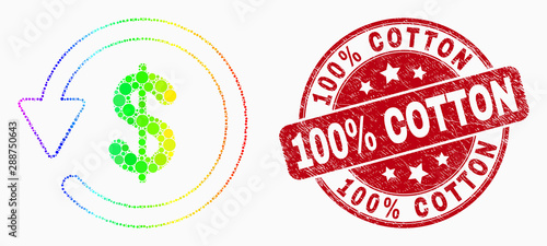 Dot spectrum dollar refund mosaic pictogram and 100% Cotton stamp. Red vector rounded textured seal stamp with 100% Cotton phrase. Vector combination in flat style.