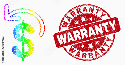 Pixel spectral dollar refund mosaic pictogram and Warranty seal stamp. Red vector rounded grunge seal stamp with Warranty text. Vector composition in flat style.