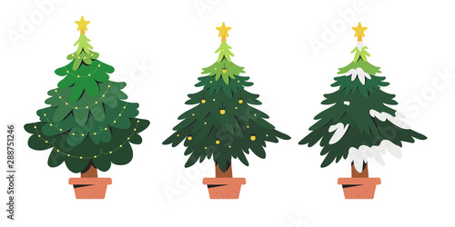 Vector illustration of a christmas tree in a pot decorated with a fairy lights and a star isolated on a white background that can be used as a decoration element in design templates.
