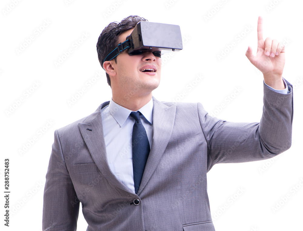 Businessman wearing virtual reality VR glasses isolated on white Businessman wearing virtual reality VR glasses isolated on white