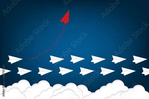 Think differently concept. Be different. Red airplane changing direction. New idea, change, trend, courage, creative solution, innovation and unique way concept,