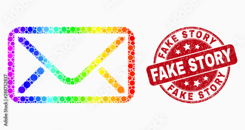 Dot spectrum envelope mosaic icon and Fake Story seal stamp. Red vector rounded distress seal with Fake Story phrase. Vector combination in flat style.