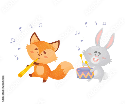 Cartoon foxes and a hare play musical instruments. Vector illustration on a white background.