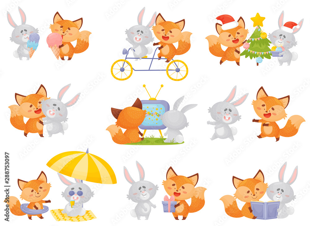 Obraz premium Humanized fox and hare in different situations together. Vector illustration on a white background.