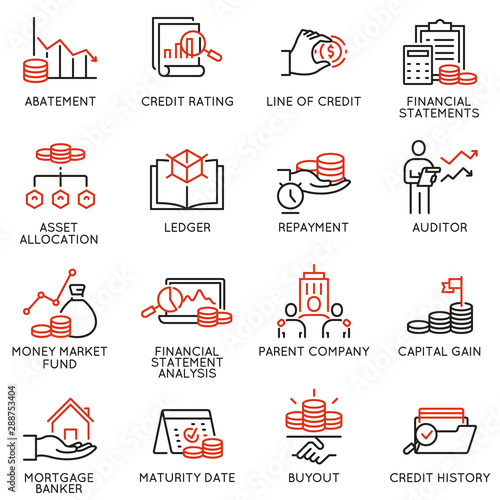 Vector set of linear icons related to investment, financial advice and business management. Mono line pictograms and infographics design elements - part 1