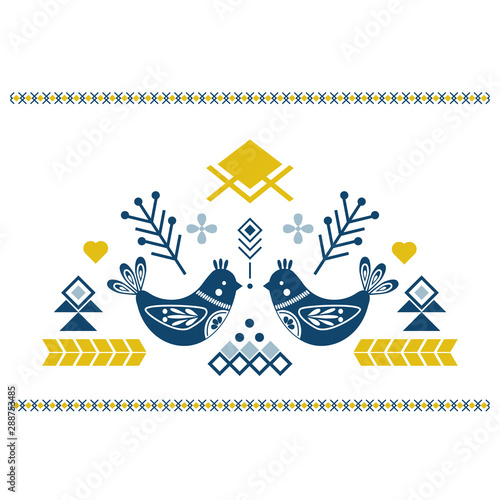 Folk art vector ornament with birds, hearts, and flowers Fototapet