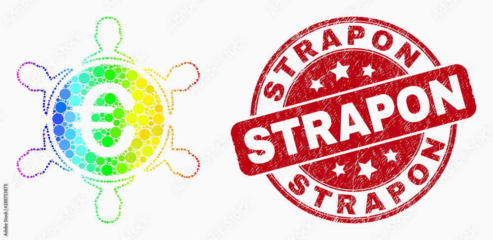 Pixelated bright spectral euro people company mosaic icon and Strapon seal. Red vector round textured seal stamp with Strapon text. Vector composition in flat style.