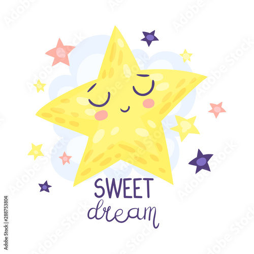 Big yellow star is sleeping. Vector illustration on a white background.