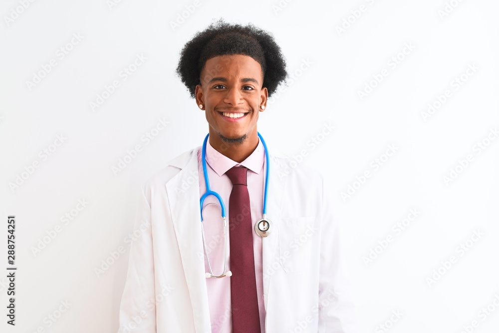 Young african american doctor man wearing sthetoscope over isolated white background with a happy and cool smile on face. Lucky person. Young african american doctor man wearing sthetoscope over isolated white background with a happy and cool smile on face. Lucky person.