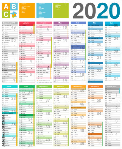 Calendrier 2020 14 mois avec vacances scolaires officielles entièrement modifiable via calques et texte arial	