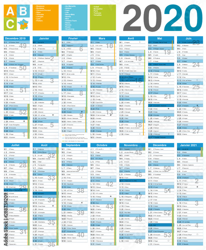 Calendrier 2020 14 mois avec vacances scolaires officielles entièrement modifiable via calques et texte arial	