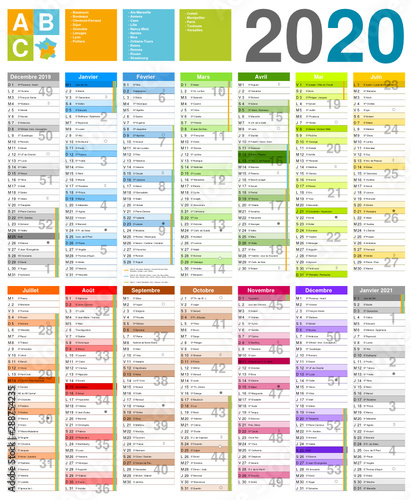 Calendrier 2020 14 mois avec vacances scolaires officielles entièrement modifiable via calques et texte arial	