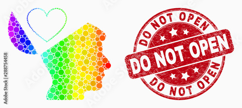 Pixelated rainbow gradiented favourites open mind mosaic icon and Do Not Open seal stamp. Red vector round distress stamp with Do Not Open text. Vector collage in flat style.