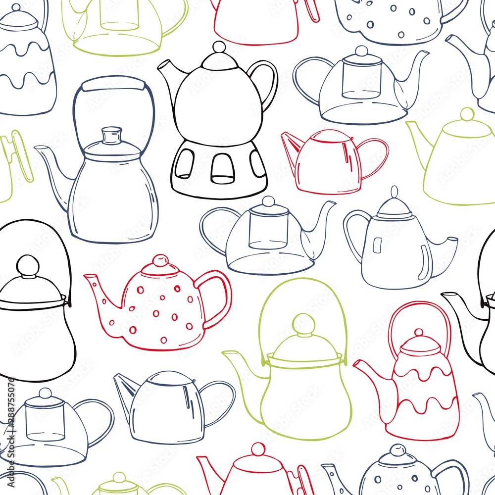 Naklejka premium Vector seamless pattern with hand drawn teapots.