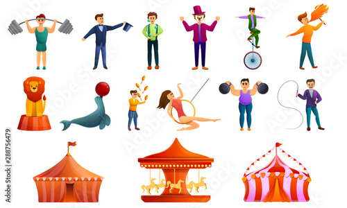 Circus icons set. Cartoon set of circus vector icons for web design