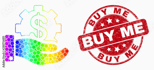 Pixelated bright spectral financial service offer mosaic icon and Buy Me seal. Red vector round scratched seal stamp with Buy Me caption. Vector collage in flat style.