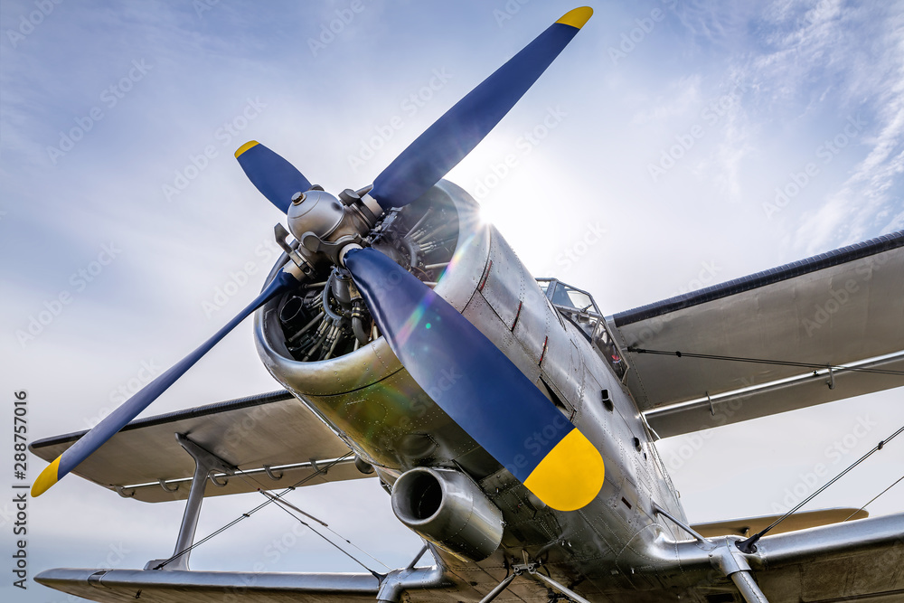 Obraz premium propeller of an historic aircraft against the sun