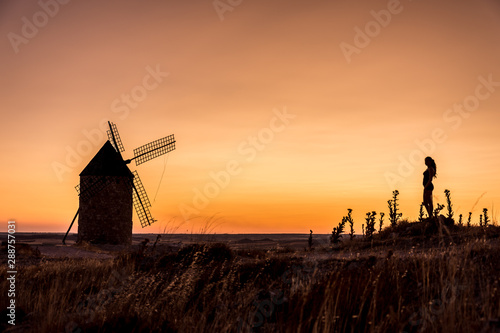 A girl among windmills