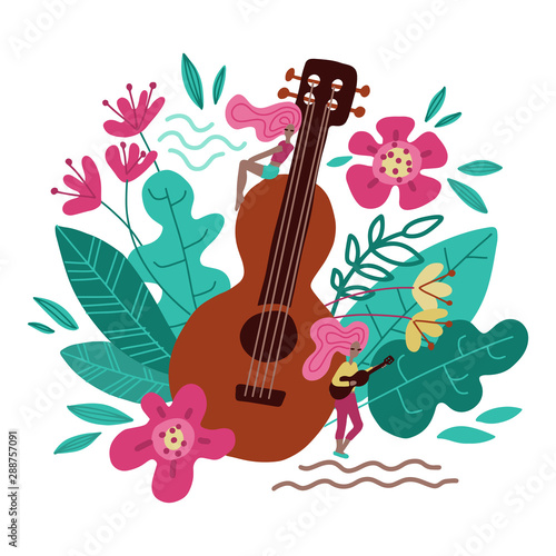 Young women near big guitar hand drawn character. Scandinavian style doodle decorative leaves, flowers. Music obsession metaphor flat cartoon illustration. Music festival promo banner, poster design