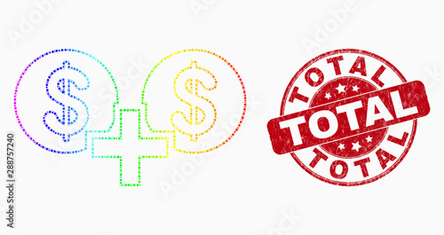 Dot spectral financial sum mosaic icon and Total seal stamp. Red vector rounded scratched seal with Total message. Vector composition in flat style.