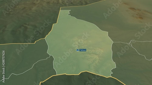 Tahoua - department of Niger with its capital zoomed on the physical map of the globe. Animation 3D photo