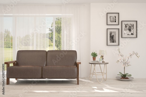Stylish room in white color with sofa and summer landscape in window. Scandinavian interior design. 3D illustration