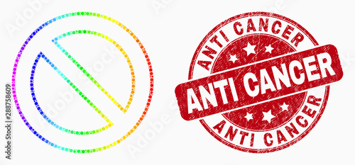 Pixelated rainbow gradiented forbidden mosaic icon and Anti Cancer seal stamp. Red vector round distress stamp with Anti Cancer message. Vector composition in flat style.