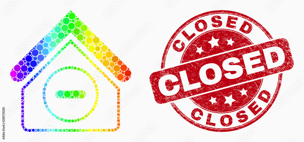 Obraz premium Dotted spectrum forbidden house mosaic icon and Closed seal stamp. Red vector rounded grunge seal stamp with Closed message. Vector composition in flat style.