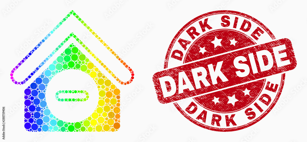 Pixelated rainbow gradiented forbidden house mosaic icon and Dark Side seal stamp. Red vector rounded distress stamp with Dark Side caption. Vector composition in flat style. Pixelated rainbow gradiented forbidden house mosaic icon and Dark Side seal stamp. Red vector rounded distress stamp with Dark Side caption. Vector composition in flat style.