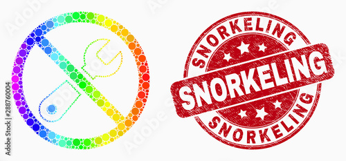 Dot spectral forbidden repair mosaic pictogram and Snorkeling seal. Red vector rounded scratched seal stamp with Snorkeling caption. Vector composition in flat style.