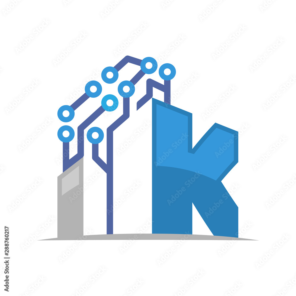 Illustration icon of high-tech building with the initials letter K Illustration icon of high-tech building with the initials letter K