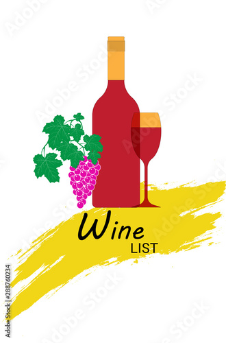 Wine bottle wine glass grape and cheese. Wine festival template. Vector illustration on beige.