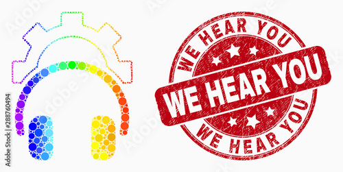 Dotted rainbow gradiented gear headphones mosaic icon and We Hear You watermark. Red vector round scratched watermark with We Hear You message. Vector composition in flat style.