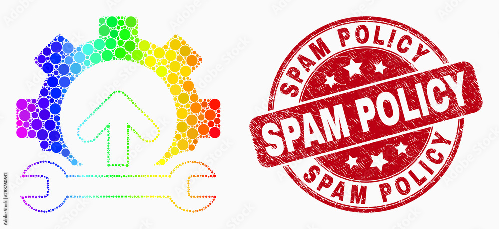Obraz premium Dot spectral gear integration arrow mosaic pictogram and Spam Policy seal stamp. Red vector round distress seal stamp with Spam Policy text. Vector combination in flat style.