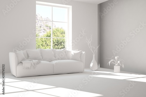 Mock up of stylish room in white color with sofa and green landscape in window. Scandinavian interior design. 3D illustration