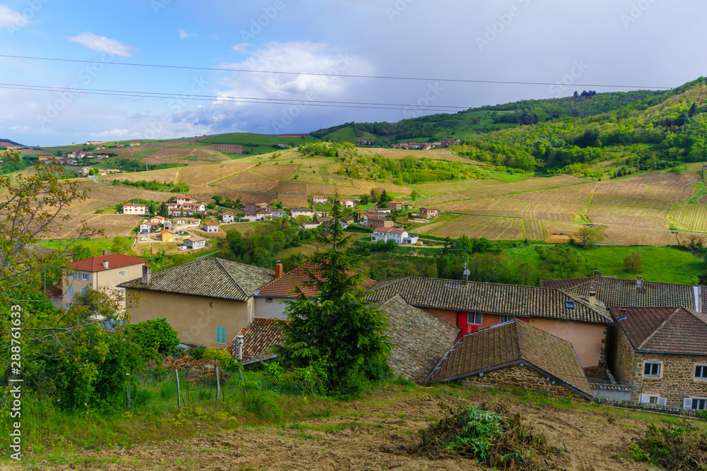 Vineyards and countryside in Beaujolais, with the village Vaux-en-Beaujolais