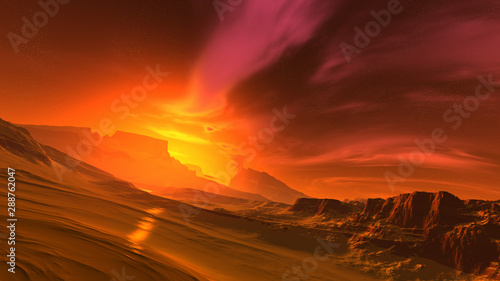 Fantasy alien landscape on a desert planet. A burning sun in a dramatic starry sky. 3D illustration