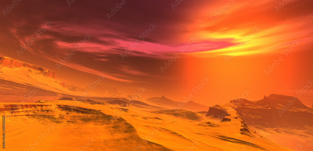 Fantasy alien landscape on a desert planet. A burning sun in a dramatic starry sky. 3D illustration