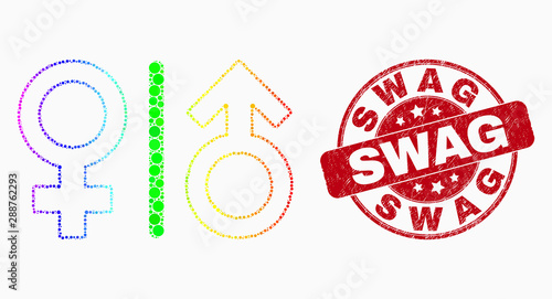 Dotted rainbow gradiented gender symbols mosaic pictogram and Swag stamp. Red vector rounded distress seal stamp with Swag text. Vector composition in flat style.