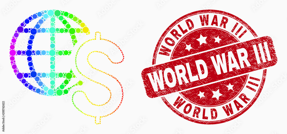 Dotted bright spectral global business mosaic pictogram and World War Iii seal stamp. Red vector rounded grunge seal stamp with World War Iii text. Vector combination in flat style. Dotted bright spectral global business mosaic pictogram and World War Iii seal stamp. Red vector rounded grunge seal stamp with World War Iii text. Vector combination in flat style.