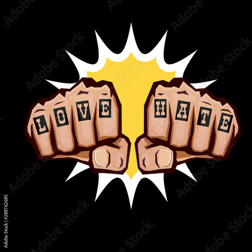 love and hate fists with tattoo isolated on black background. Fight for love concept illustration with fist punch
