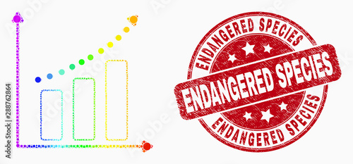 Pixel rainbow gradiented growing chart mosaic icon and Endangered Species seal stamp. Red vector round scratched stamp with Endangered Species message. Vector combination in flat style.