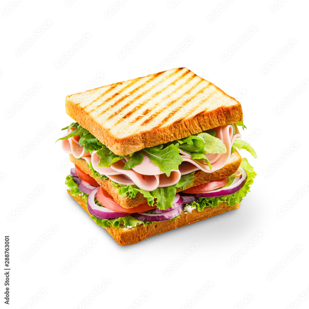 Big sandwich with ham, salad, and tomatoes - obrazy, fototapety, plakaty 