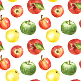 Watercolor red, green and yellow apples seamless pattern. Fresh ripe autumn seasonal fruits, isolated on white background. Fall harvest botanical print for design. Colorful healthy food illustration.