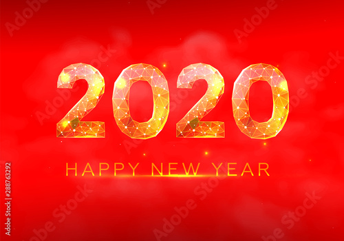 Happy Chinese New Year 2020 year. Low poly wireframe art on red background. Illustration in the form of a starry sky or space, consisting of points, lines, and shapes in the form of stars.Vector