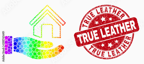 Pixel bright spectral hand offer house mosaic pictogram and True Leather stamp. Red vector rounded scratched seal with True Leather phrase. Vector composition in flat style.
