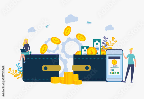 Money transfers. Vector illustration of financial transactions, banking. Flat people transfer money to bank accounts via the Internet using a computer and smartphone.